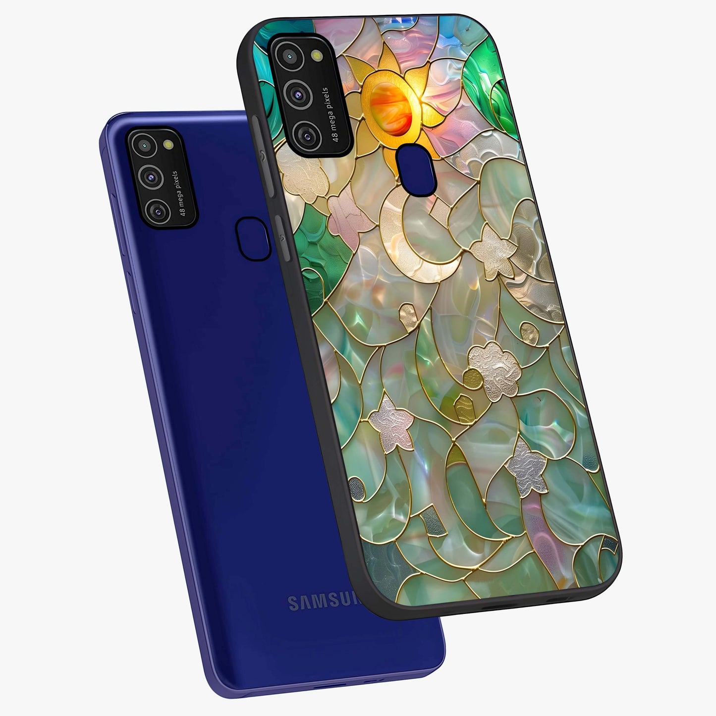 Stained Sunrise Glow Glass Case displayed in angled mockup highlighting radiant sunrise design with artistic aesthetic style.