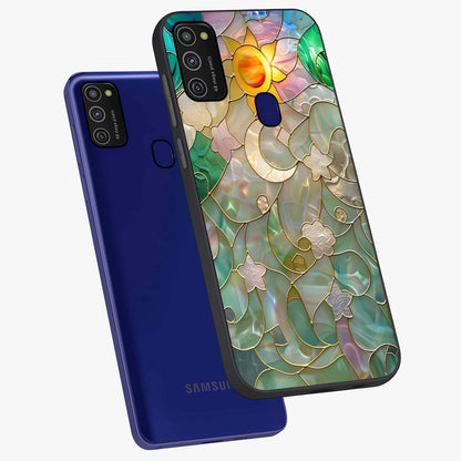 Stained Sunrise Glow Glass Case displayed in angled mockup highlighting radiant sunrise design with artistic aesthetic style.