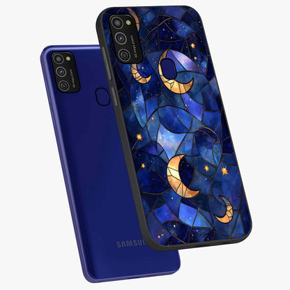 Starlit Sky Tapestry Glass Case displayed in angled mockup highlighting celestial night pattern with artistic aesthetic style.