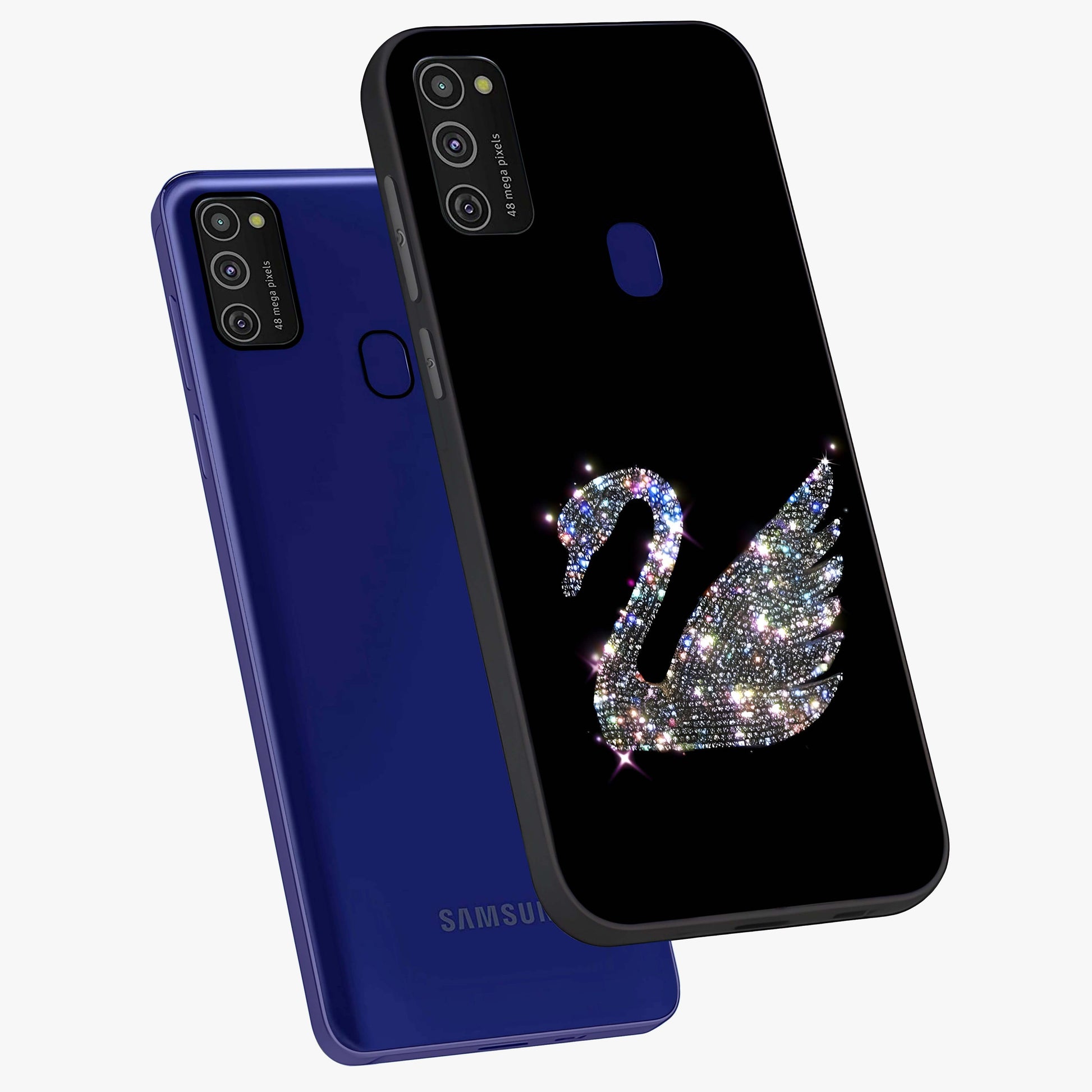 Starlit Swan Grace Glass Case displayed in angled mockup highlighting elegant swan illustration with dreamy celestial aesthetic.