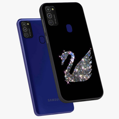 Starlit Swan Grace Glass Case displayed in angled mockup highlighting elegant swan illustration with dreamy celestial aesthetic.