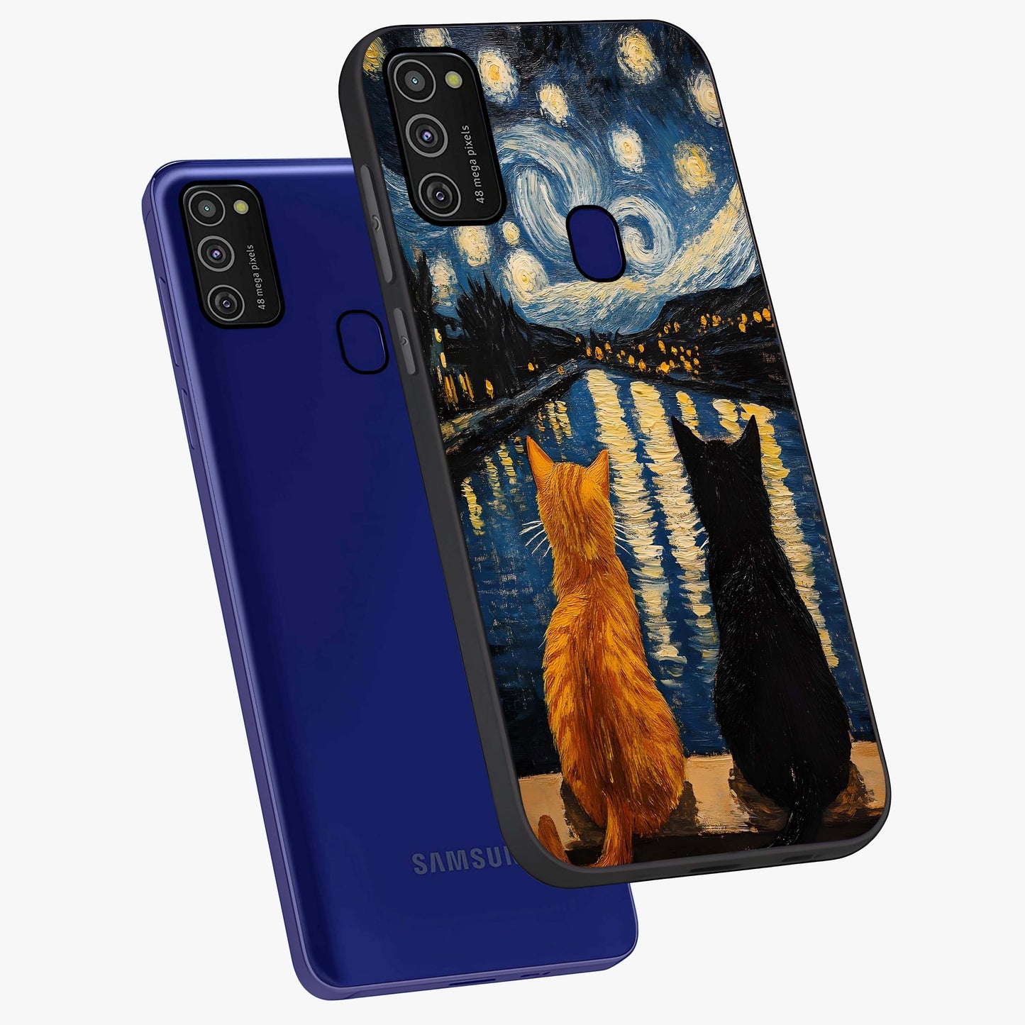 Starry River Cats Glass Case displayed in angled mockup highlighting charming feline illustration with dreamy night aesthetic.