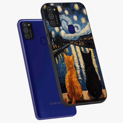 Starry River Cats Glass Case displayed in angled mockup highlighting charming feline illustration with dreamy night aesthetic.