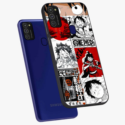 Strawhat Chaos Panels Glass Case displayed in angled mockup highlighting vibrant anime collage design with action aesthetic.
