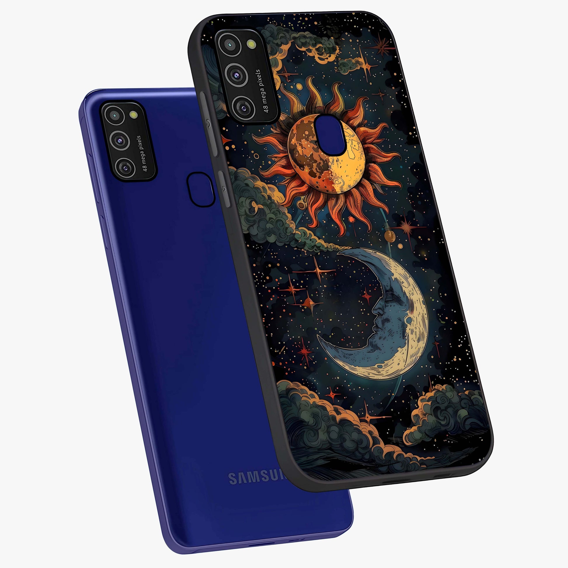 Sun And Moon Magic Design Glass Case displayed in angled mockup highlighting celestial design with magical cosmic aesthetic.