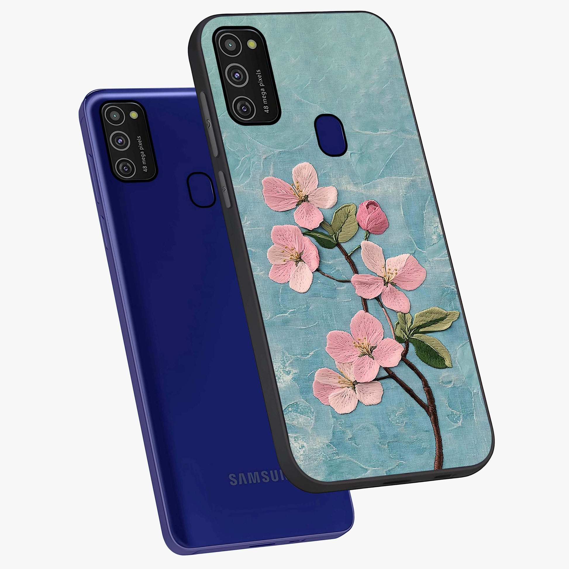 Threaded Blossom Breeze Glass Case displayed in angled mockup highlighting elegant floral design with soft aesthetic style.