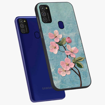 Threaded Blossom Breeze Glass Case displayed in angled mockup highlighting elegant floral design with soft aesthetic style.