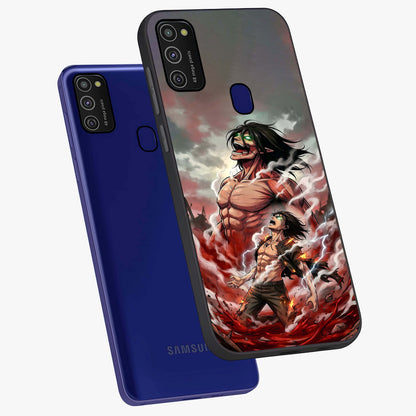 Titan Awakening Fury Glass Case displayed in angled mockup highlighting dramatic giant warrior design with bold anime aesthetic.
