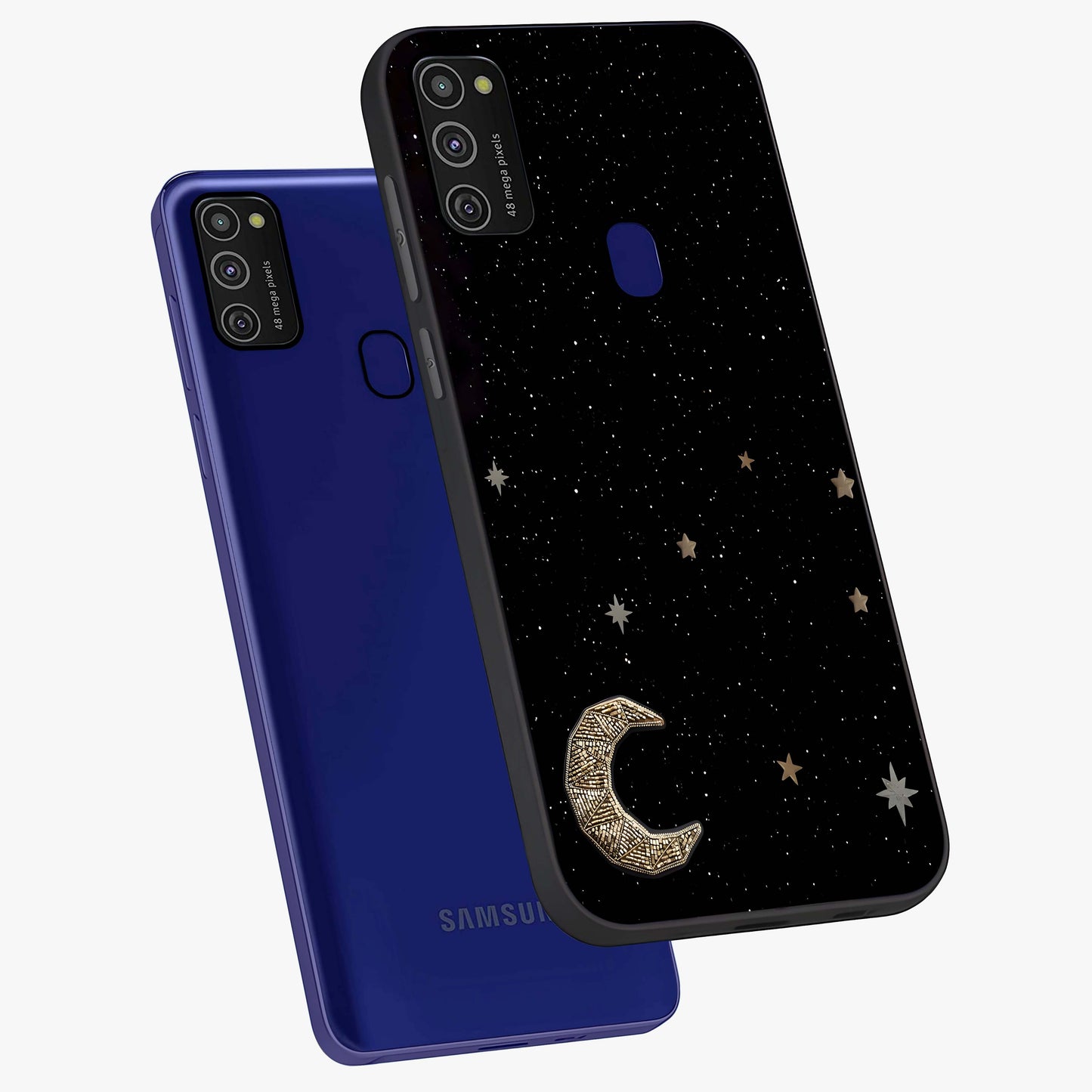 Twinkle Star With Half Moon Glass Case displayed in angled mockup highlighting celestial moon and star design with magical aesthetic.
