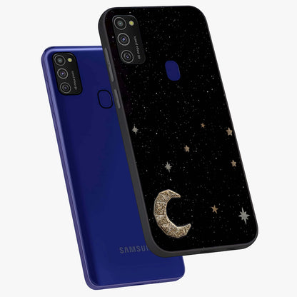 Twinkle Star With Half Moon Glass Case displayed in angled mockup highlighting celestial moon and star design with magical aesthetic.
