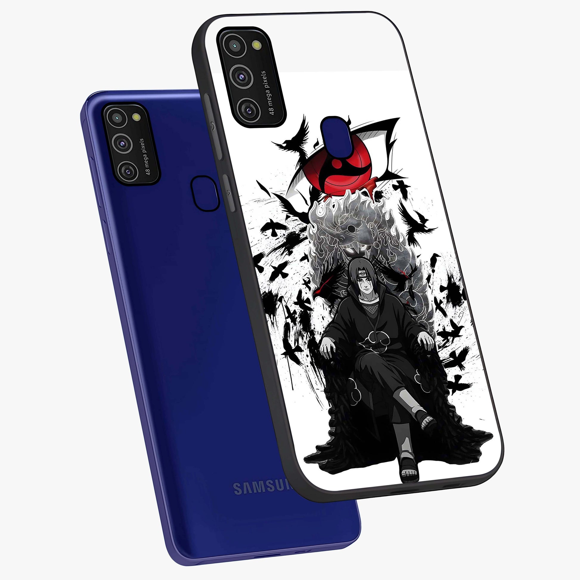 Uchiha Shadow Throne Glass Case displayed in angled mockup highlighting glowing aquatic design with celestial aesthetic.