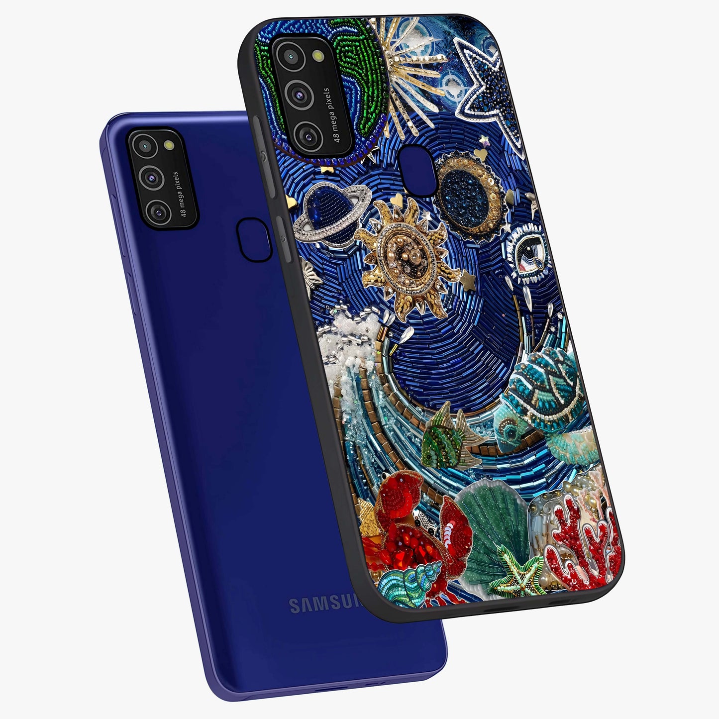 Universe Underwater Spark Glass Case displayed in angled mockup highlighting glowing aquatic design with celestial aesthetic.