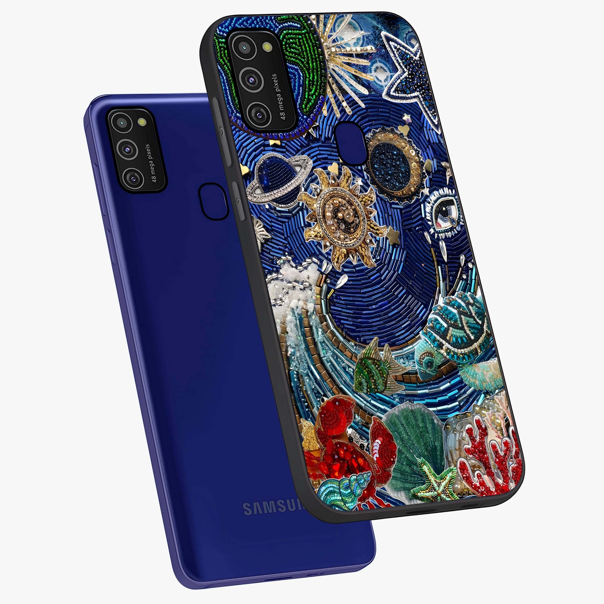 Universe Underwater Spark Glass Case displayed in angled mockup highlighting glowing aquatic design with celestial aesthetic.
