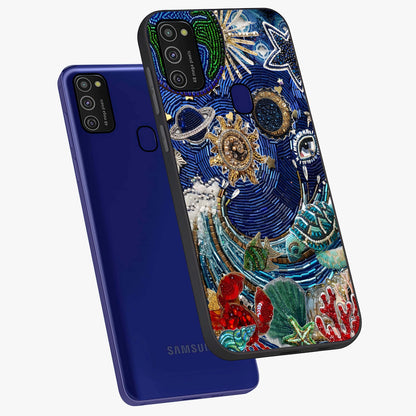 Universe Underwater Spark Glass Case displayed in angled mockup highlighting glowing aquatic design with celestial aesthetic.