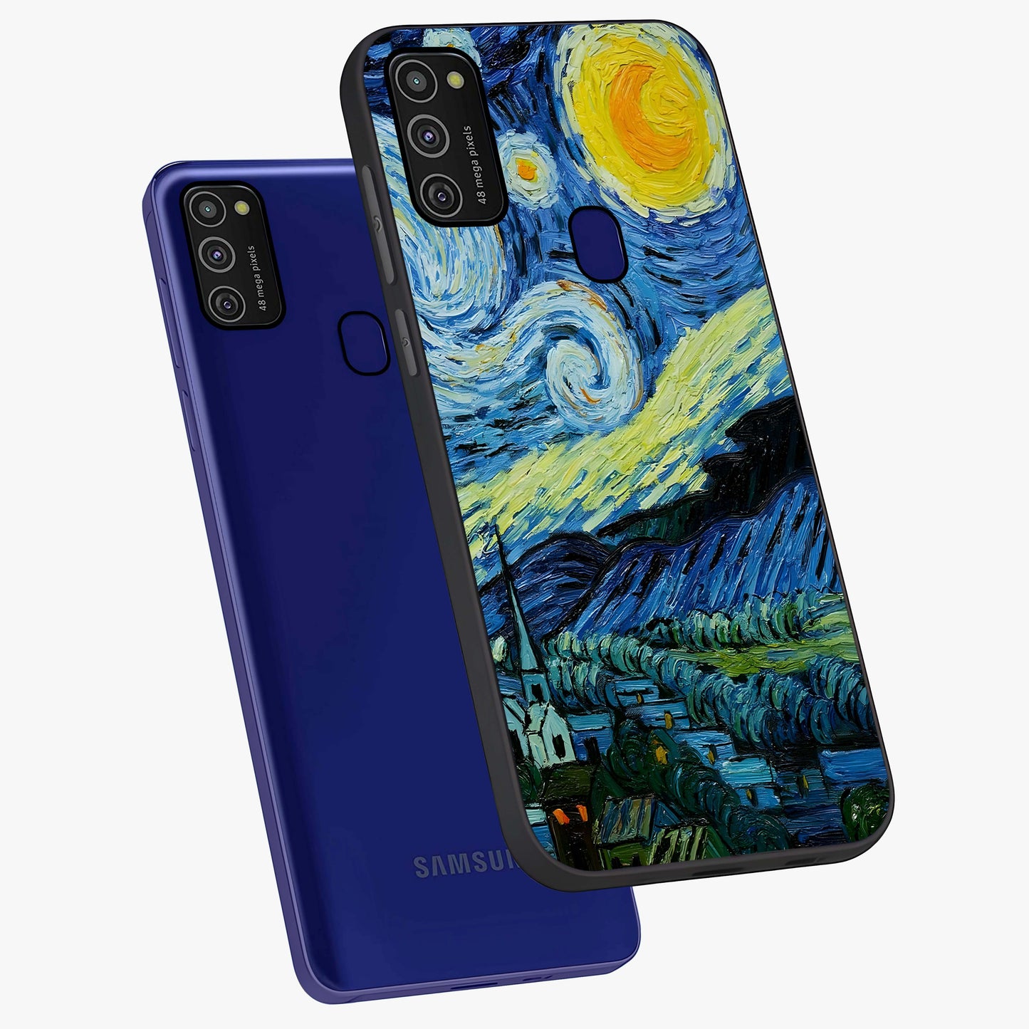 Van Gogh Art Glass Case displayed in angled mockup highlighting swirling brushstroke design with artistic aesthetic.