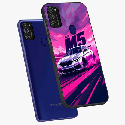 Velocity Drift Pulse Glass Case displayed in angled mockup highlighting dynamic drift design with sporty automotive aesthetic.