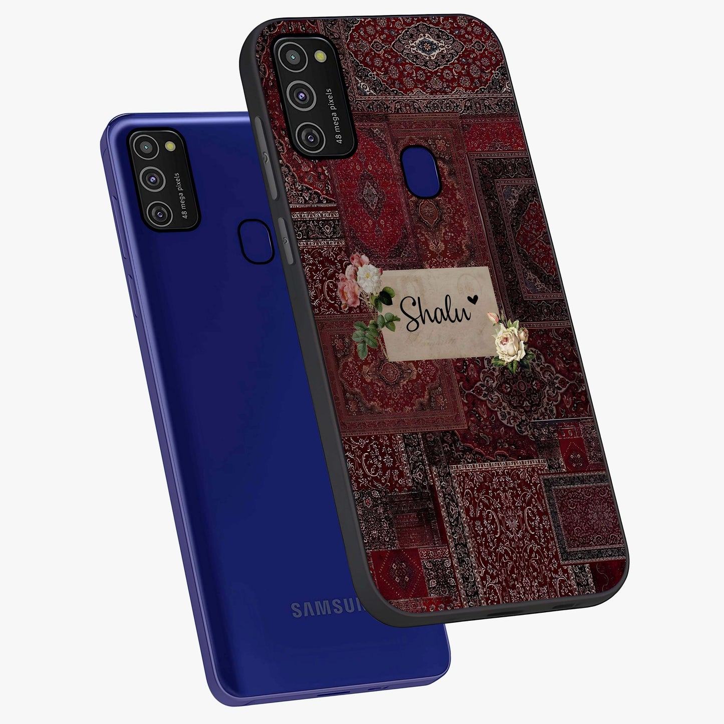Velvet Wine Pattern Custom Name Glass Case displayed in angled mockup highlighting decorative velvet inspired design with custom name feature.