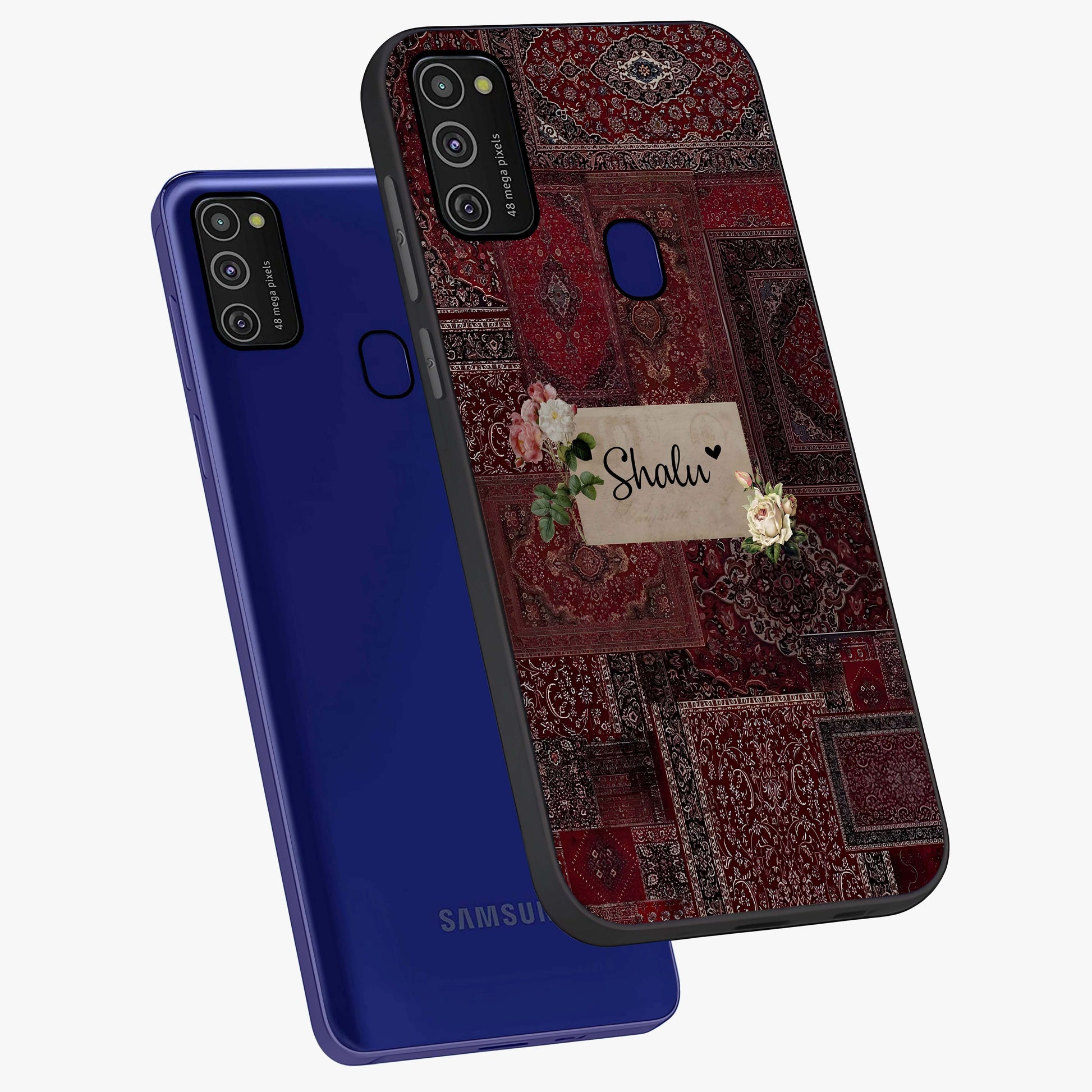 Velvet Wine Pattern Custom Name Glass Case displayed in angled mockup highlighting decorative velvet inspired design with custom name feature.