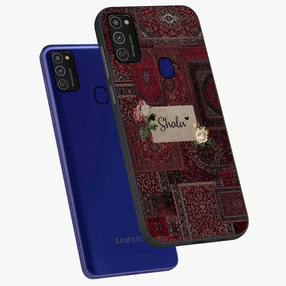 Velvet Wine Pattern Custom Name Glass Case displayed in angled mockup highlighting decorative velvet inspired design with custom name feature.