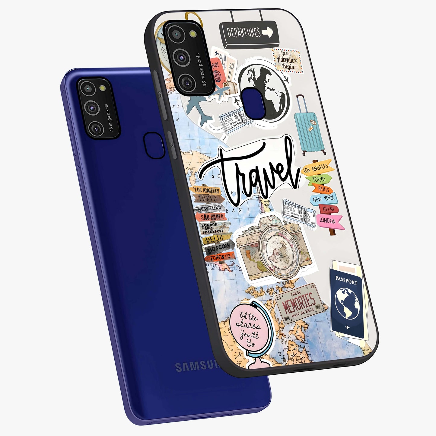 Wanderlust Journal Glass Case displayed in angled mockup highlighting adventure themed design with aesthetic travel vibe.