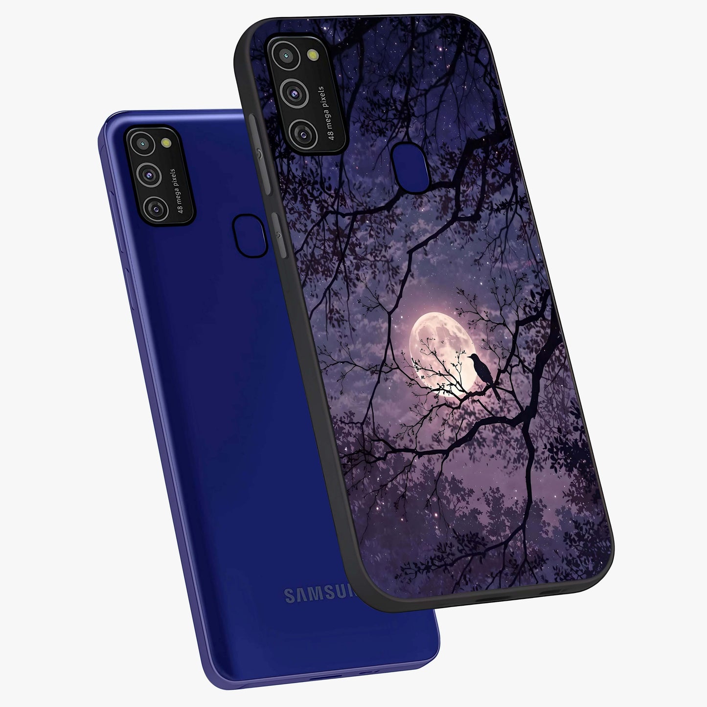Whispering Moon Silence Glass Case displayed in angled mockup highlighting calm lunar design with dreamy night aesthetic.