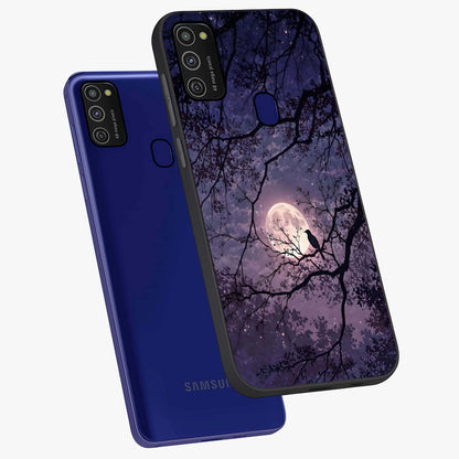 Whispering Moon Silence Glass Case displayed in angled mockup highlighting calm lunar design with dreamy night aesthetic.