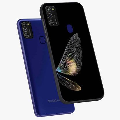 Whispers Of Wings Glass Case displayed in angled mockup highlighting soft feather design with celestial aesthetic style.