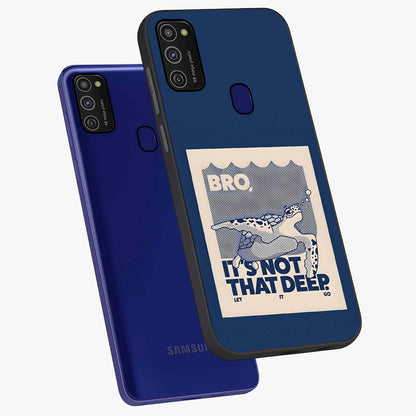 Worry Less Swim Glass Case displayed in angled mockup highlighting fun typography design with relaxed aesthetic style.