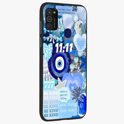 Aesthetic Be Kind Eye Glass Case upright view showcasing stylish eye illustration with positive message theme.