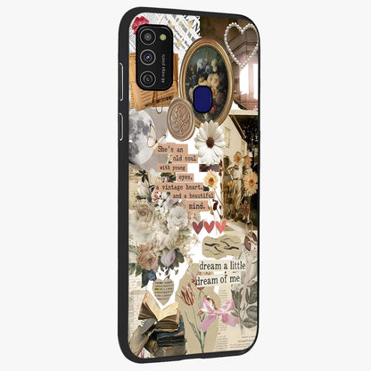Aesthetic Brown Vintage Collage Glass Case upright view showcasing nostalgic retro artwork with stylish vintage theme.
