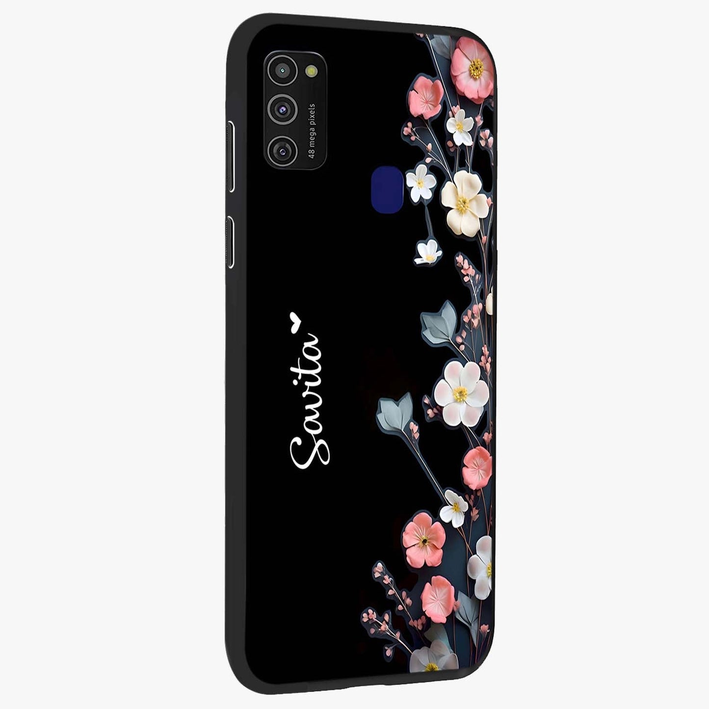 Black Elegance Floral Custom Name Glass Case upright view showcasing luxurious black floral design with personalized name detail.