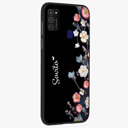 Black Elegance Floral Custom Name Glass Case upright view showcasing luxurious black floral design with personalized name detail.