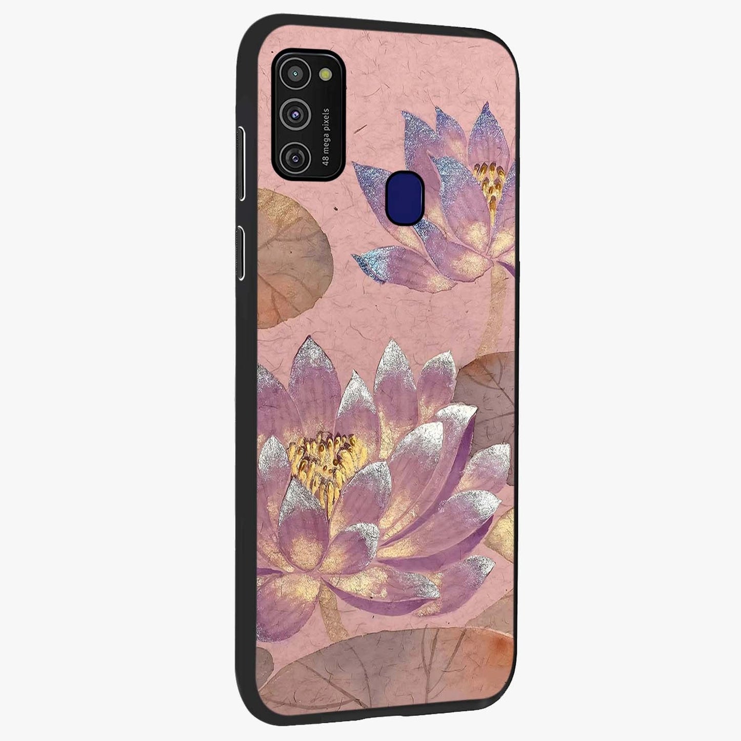 Blossom Mist Lotus Glass Case upright view showcasing graceful lotus flower design with peaceful botanical style.
