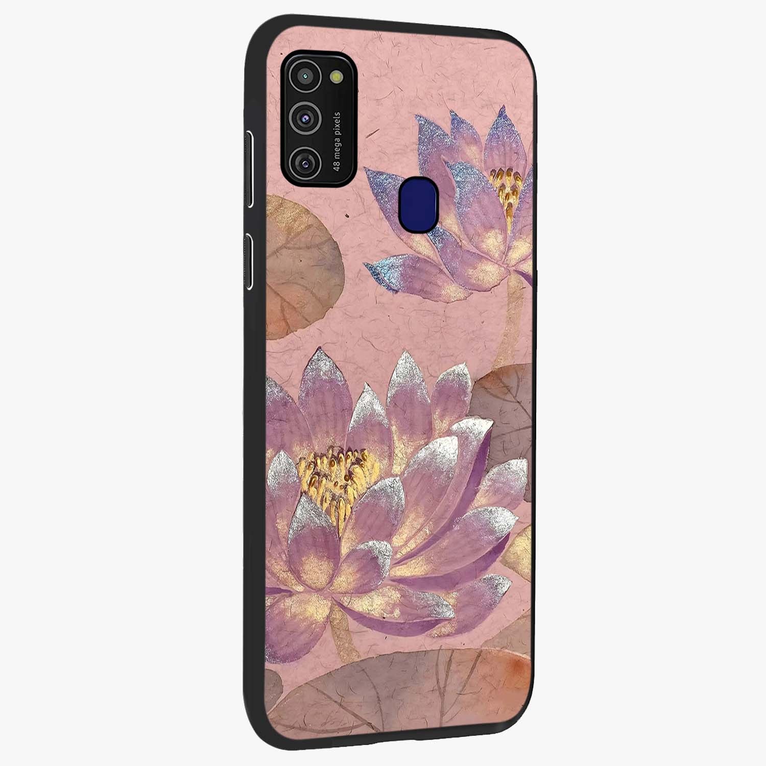 Blossom Mist Lotus Glass Case upright view showcasing graceful lotus flower design with peaceful botanical style.