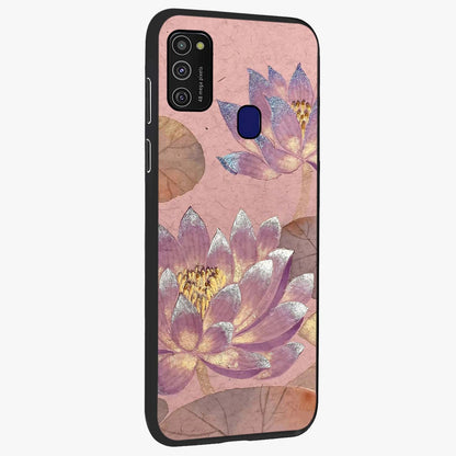 Blossom Mist Lotus Glass Case upright view showcasing graceful lotus flower design with peaceful botanical style.