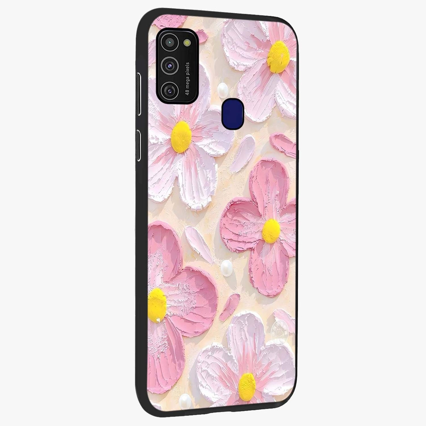 Blush Bloom Texture Glass Case upright view showcasing delicate blush floral texture with modern minimal style.