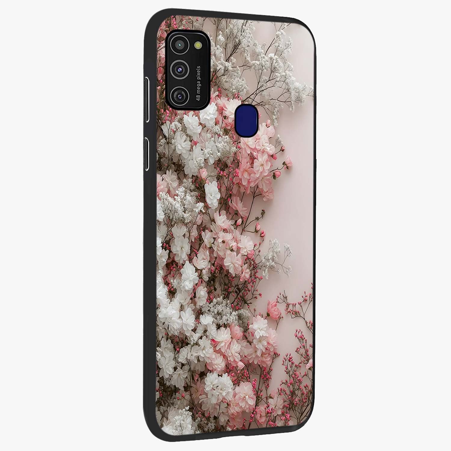 Blush Blossom Cloud Glass Case upright view showcasing calm floral cloud artwork with gentle dreamy theme.