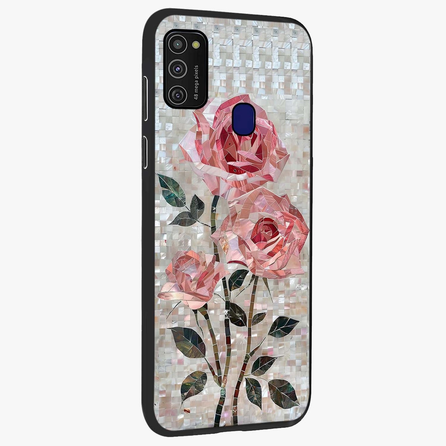 Blush Mosaic Bloom Glass Case upright view showcasing decorative floral mosaic artwork with stylish modern aesthetic.