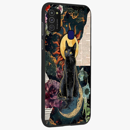 Celestial Black Cat Glass Case upright view showcasing magical black cat illustration with starry cosmic theme.