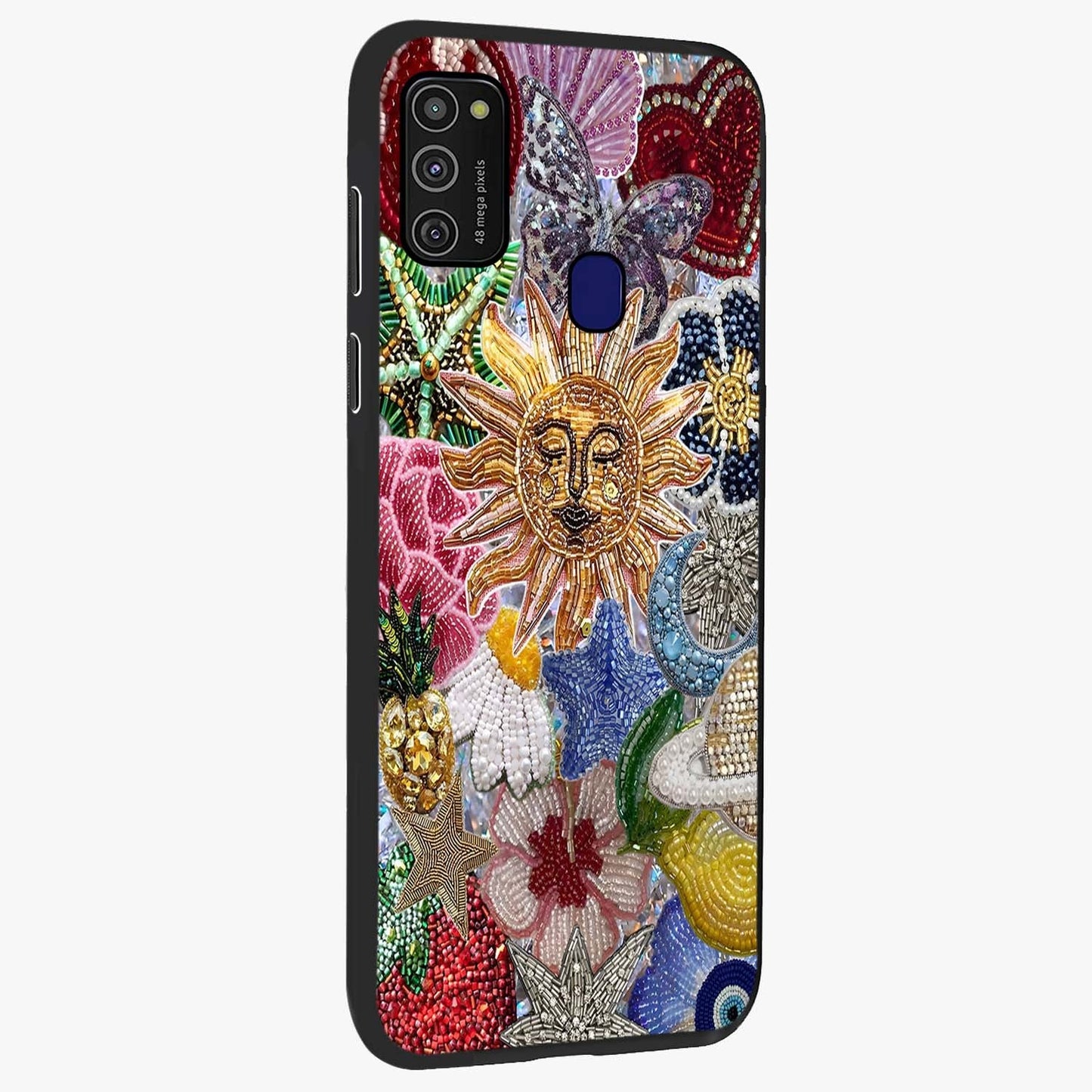 Celestial Floral and Playful Glass Case upright view showcasing whimsical floral artwork with cosmic aesthetic theme.