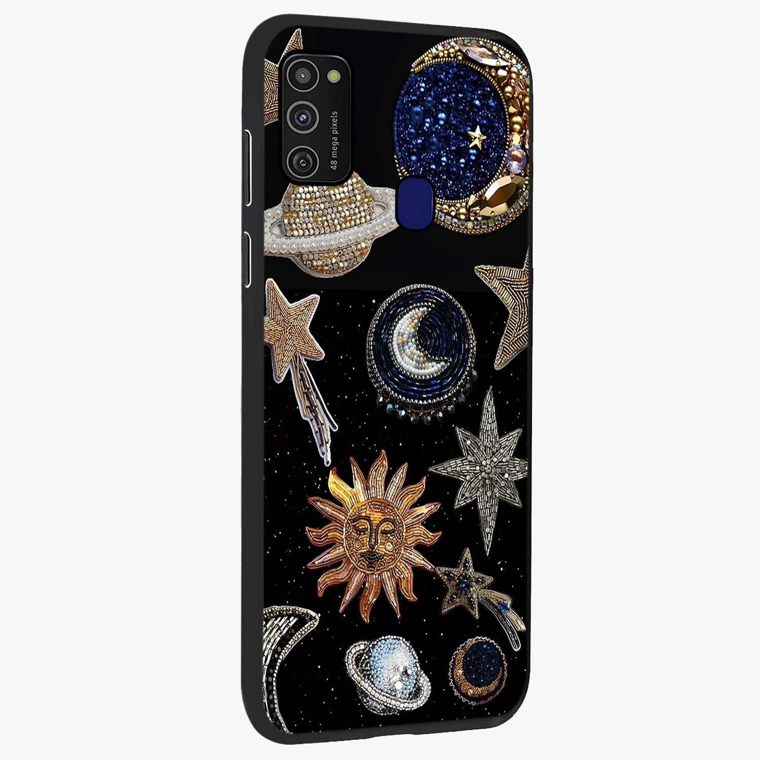 Celestial Gem Constellations Glass Case upright view showcasing cosmic constellation artwork with celestial aesthetic style.
