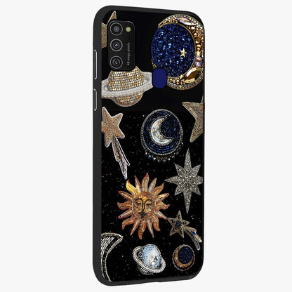 Celestial Gem Constellations Glass Case upright view showcasing cosmic constellation artwork with celestial aesthetic style.