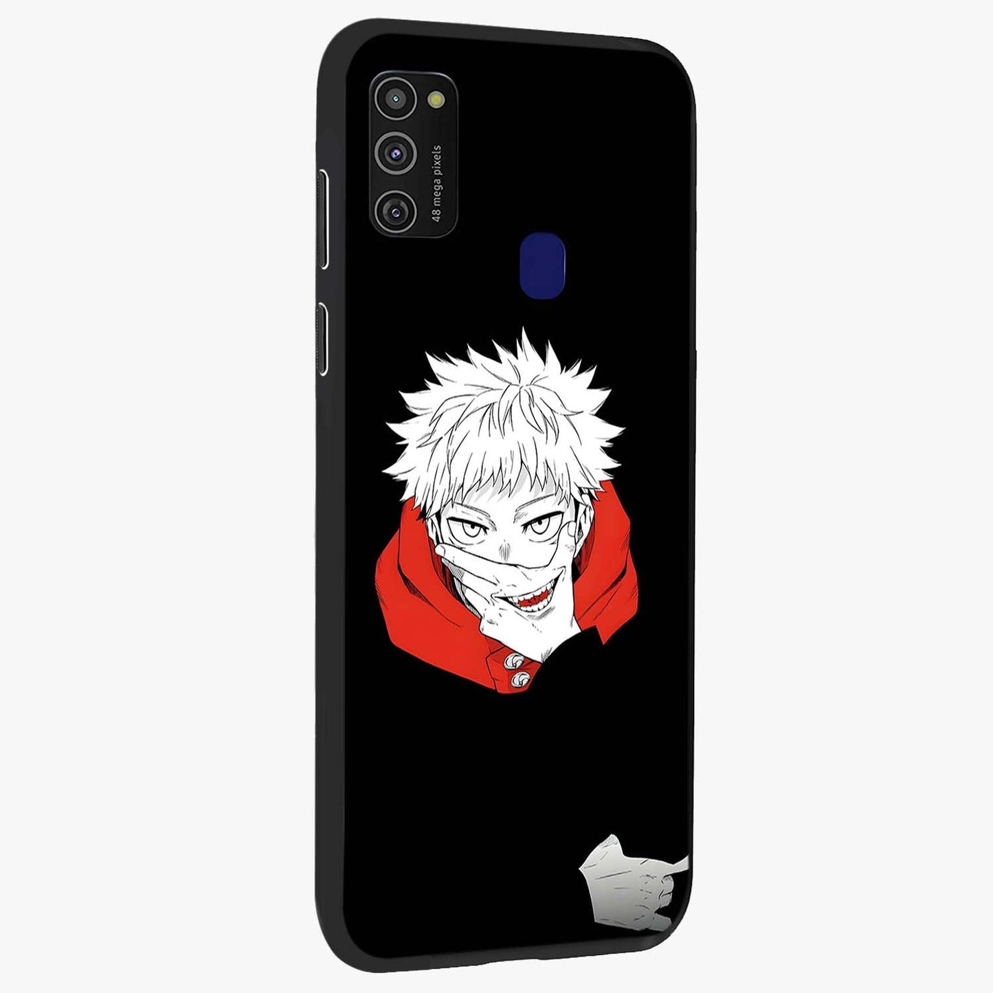 Crimson Chaos Smile Glass Case upright view showcasing expressive chaotic artwork with striking visual theme.