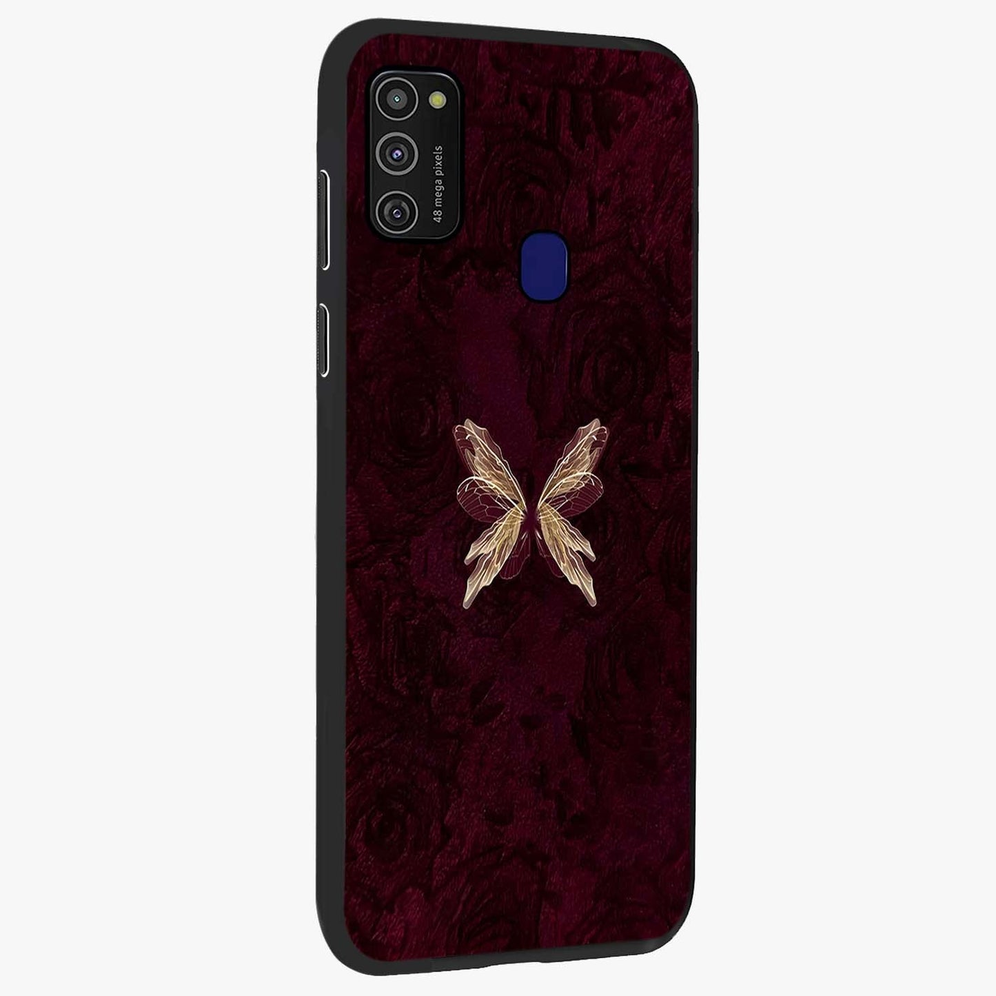 Crimson Fade Butterfly Glass Case upright view showcasing graceful butterfly artwork with soft crimson fade effect.