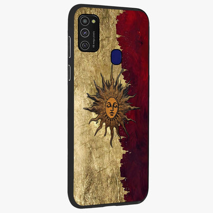 Crimson Sun Majesty Glass Case upright view showcasing vibrant sun artwork with powerful celestial theme.