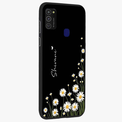 Daisy Cascade Custom Name Glass Case upright view showcasing elegant floral cascade design with personalized aesthetic.