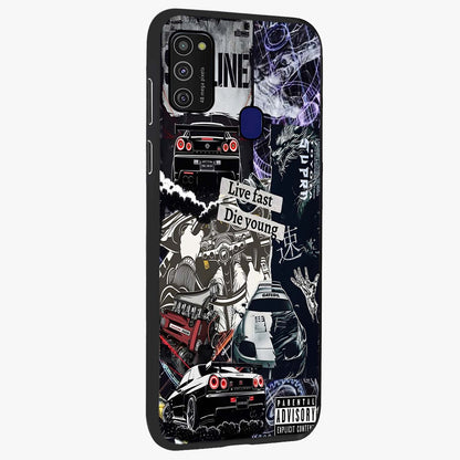 Die Young Glass Case upright view showcasing striking typography artwork with modern statement theme.