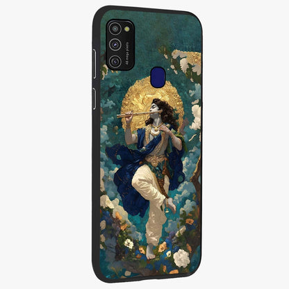 Divine Krishna Art Glass Case upright view showcasing divine Krishna artwork with sacred artistic theme.