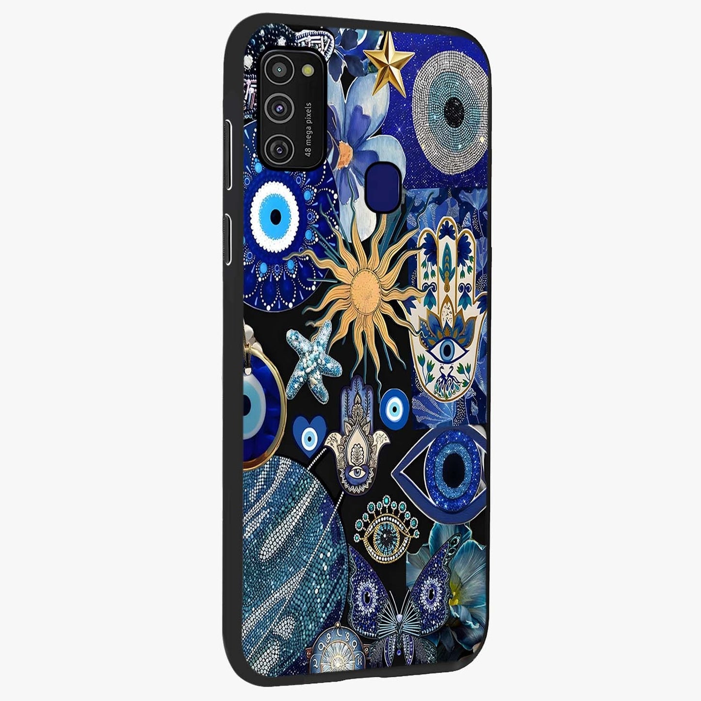 Evil Eye Charm Mix Glass Case upright view showcasing mystical evil eye pattern with vibrant decorative style.