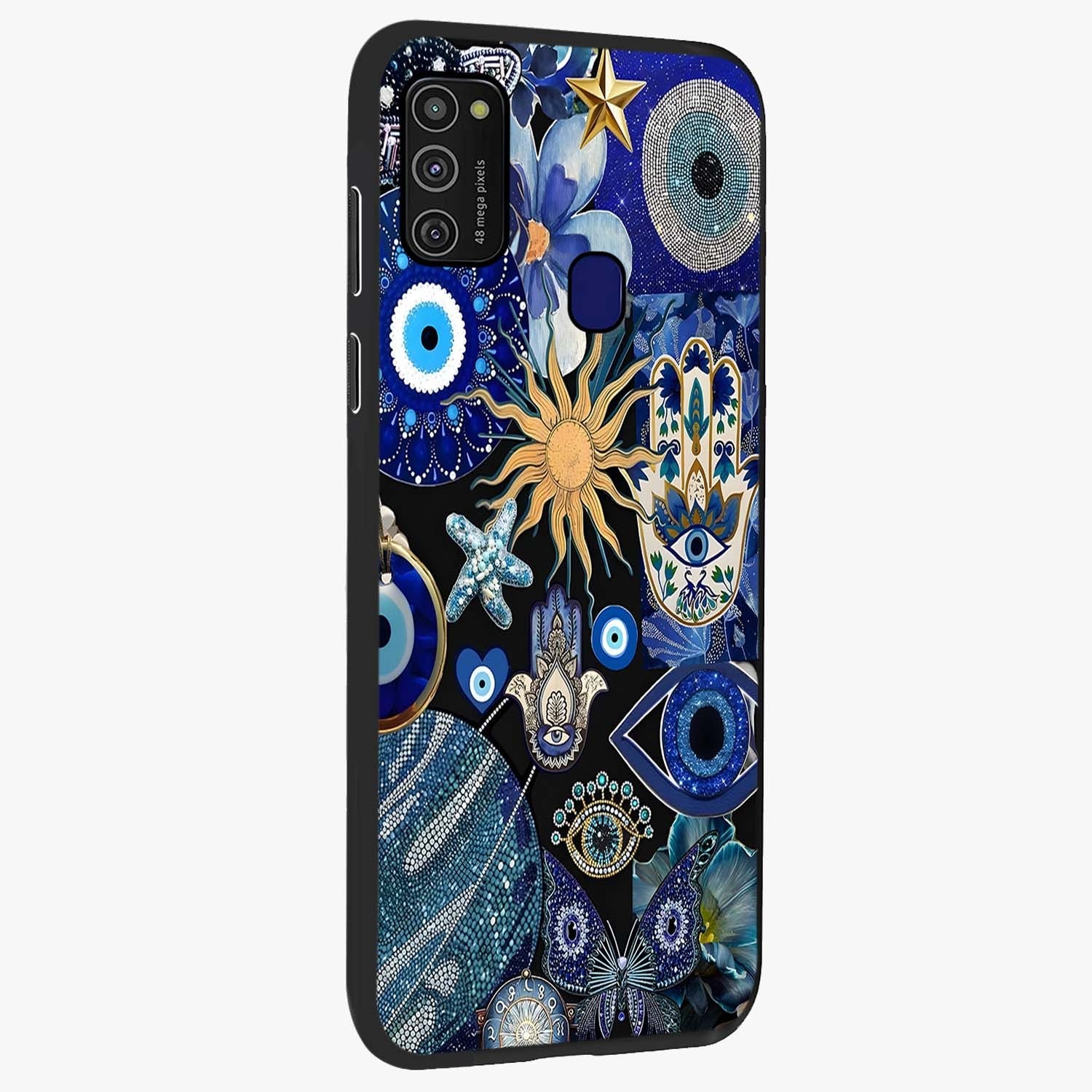 Evil Eye Charm Mix Glass Case upright view showcasing mystical evil eye pattern with vibrant decorative style.